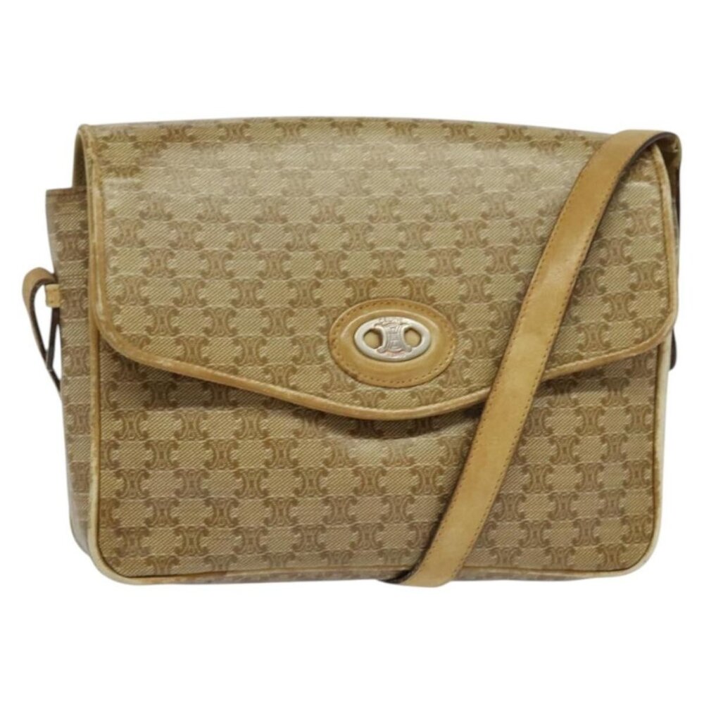 Authentic CELINE Macadam Canvas Shoulder Bag PVC Beige Gold